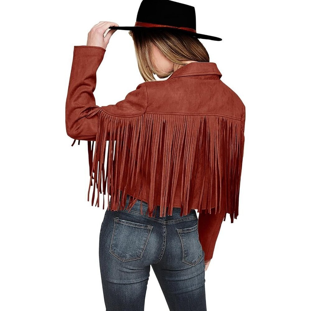 🆕Women's Brick Red Fringe Faux Suede Leather Jacket Tassel Cropped Fall  Coat